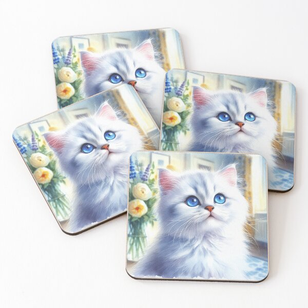 Item preview, Fluffy White Kitten Portrait – Soft Pastel Pet Art with Blue Eyes designed and sold by FotoworldEdel.