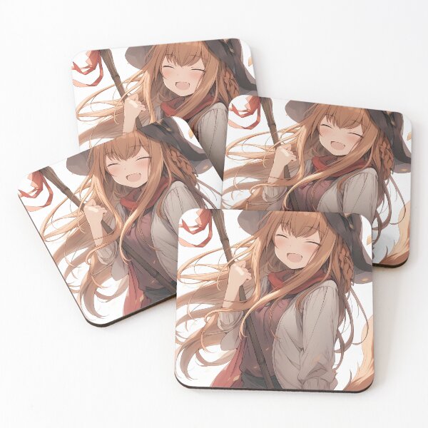 Item preview, Holo Spice Wolf Cozy Witch Laugh With Broom And Autumn Leaves designed and sold by Tokyonomad.