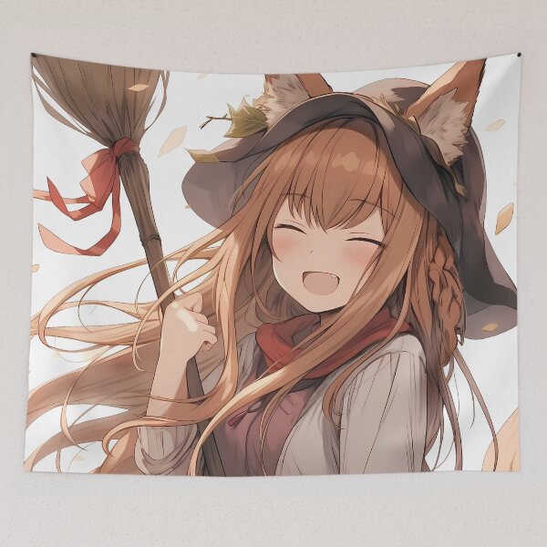 Item preview, Holo Spice Wolf Cozy Witch Laugh With Broom And Autumn Leaves designed and sold by Tokyonomad.