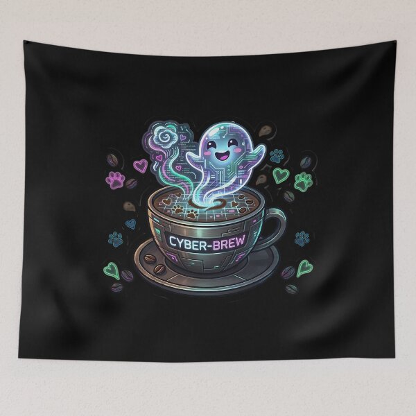 Item preview, Cyber-Ghost Brew - Futuristic Neon Ghost & Tech Coffee Art designed and sold by AbulailArt.