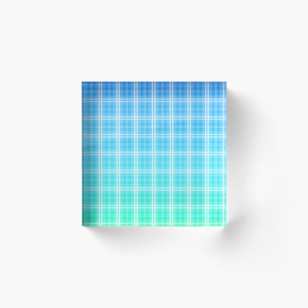 Faded and Shaded Aqua Blue and White Tartan Plaid Check Acrylic Block