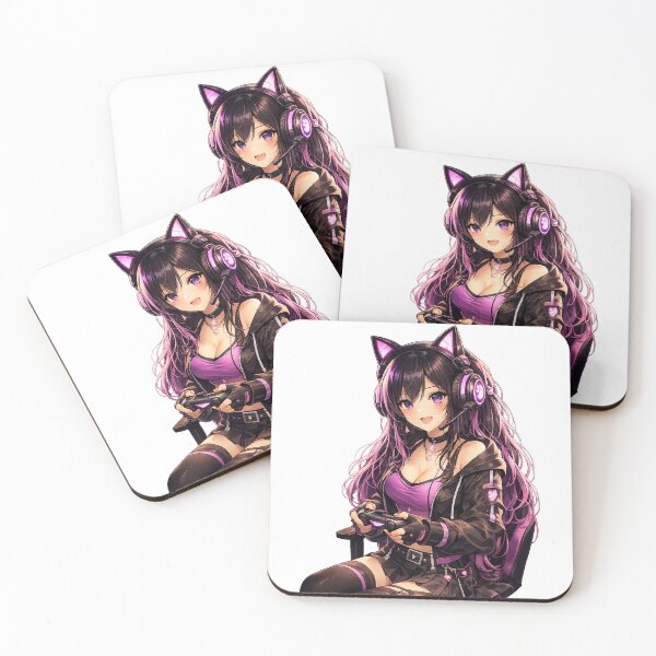 Item preview, Cute Anime Gamer Girl with Cat Ear Headset – Purple Gaming Aesthetic designed and sold by Pixel Ronin.