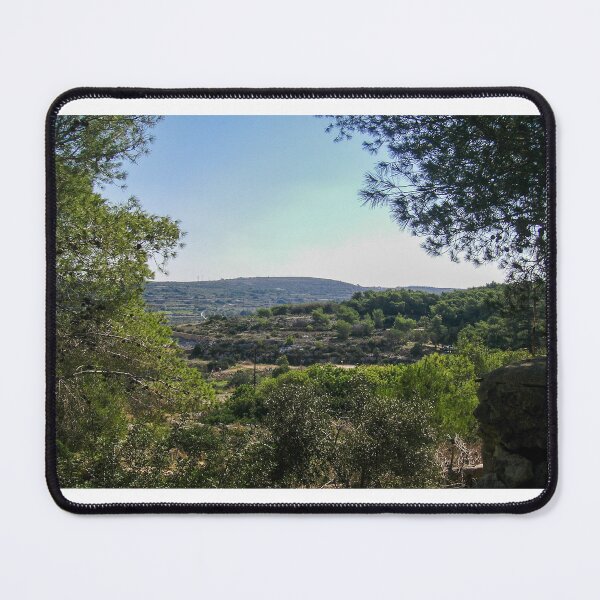 Item preview, Sunlit Mediterranean Countryside Valley Framed by Pine Trees Overlooking Rolling Hills and Olive Groves designed and sold by Nmallia.