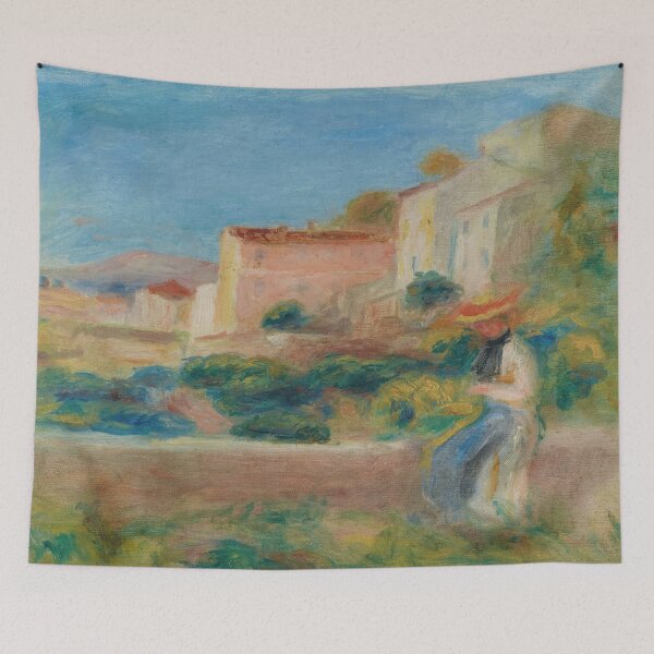Item preview, Femme Assise La Maison De La Poste a Cagnes by Pierre-Auguste Renoir: Sunlit French village art print designed and sold by artofuniverse.