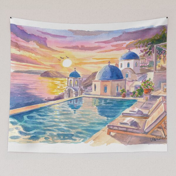 Item preview, Santorini Oia Blue Domes Travel Art with Infinity Pool View designed and sold by artshop77.
