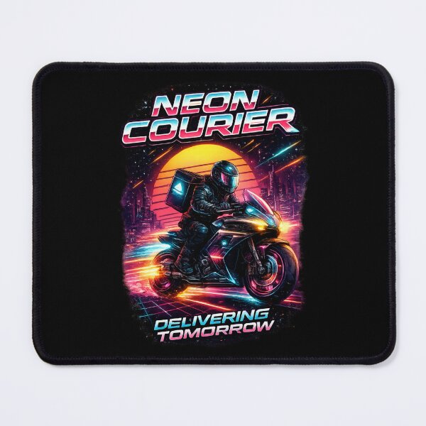 Item preview, Retro Neon Courier Motorcycle – Cyberpunk Delivery Rider designed and sold by SidTastic .