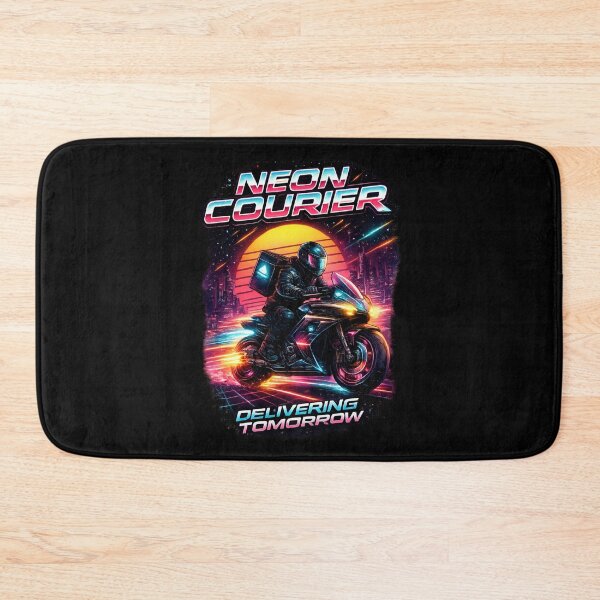 Item preview, Retro Neon Courier Motorcycle – Cyberpunk Delivery Rider designed and sold by SidTastic .