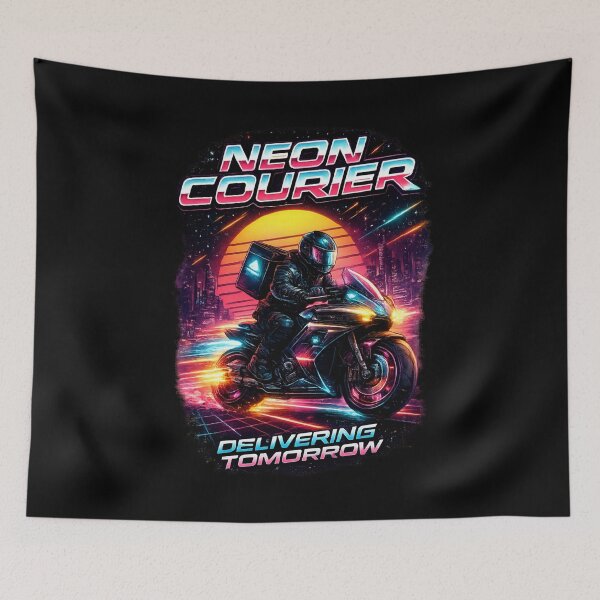 Item preview, Retro Neon Courier Motorcycle – Cyberpunk Delivery Rider designed and sold by SidTastic .