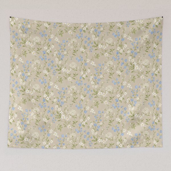 Item preview, Beige background with white and blue flowers, calm and gentle, floral design, patterns designed and sold by wizard-work.
