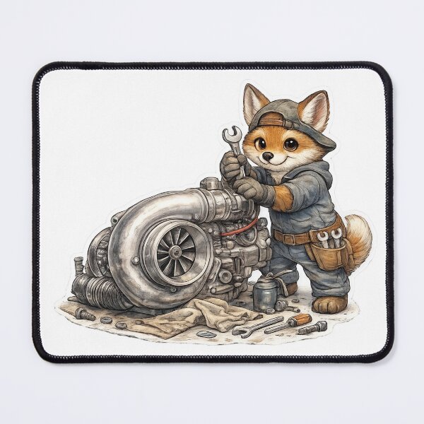 Item preview, Cute Fox Mechanic Repairing a Turbocharger – Hand Drawn Colored Pencil Sticker Illustration designed and sold by Felixuss.