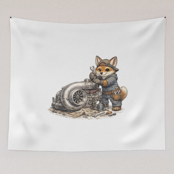 Item preview, Cute Fox Mechanic Repairing a Turbocharger – Hand Drawn Colored Pencil Sticker Illustration designed and sold by Felixuss.