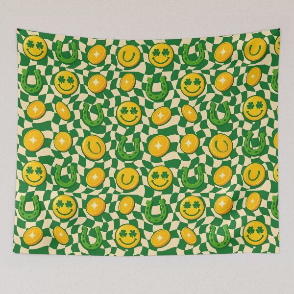 Item preview, Retro Maximalist Checkerboard St. Patrick's Day - Groovy Lucky Smiley Y2K Pattern designed and sold by Amplify-n-Co.