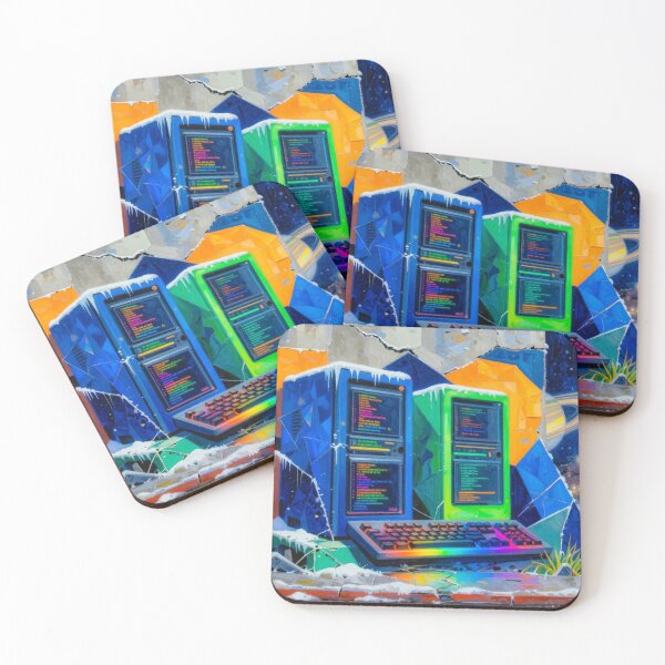 Item preview, Retro Computers with Code and RGB Keyboard in Surreal Winter Urban Landscape - Digital Art designed and sold by Gabi.Media.