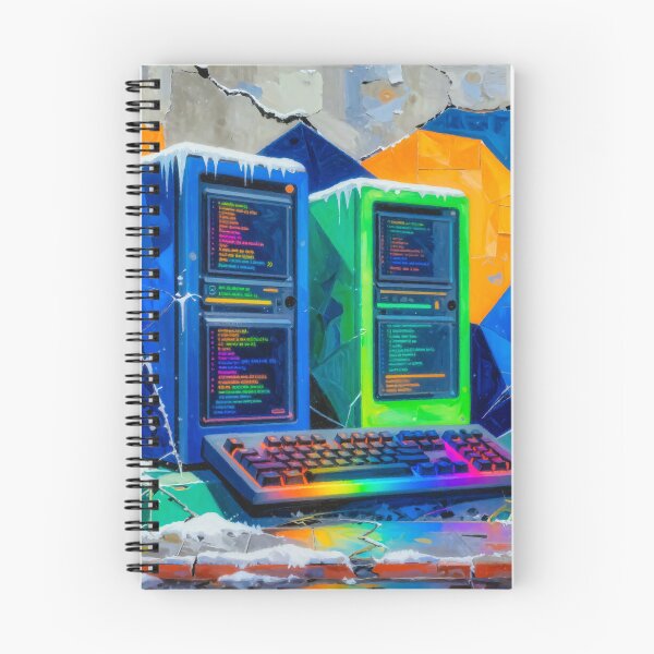 Item preview, Retro Computers with Code and RGB Keyboard in Surreal Winter Urban Landscape - Digital Art designed and sold by Gabi.Media.