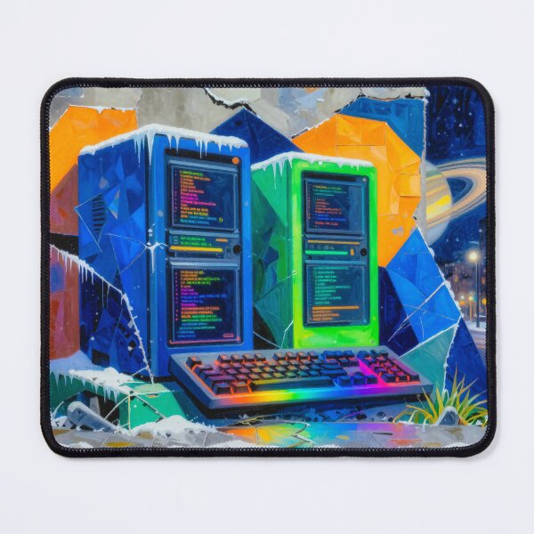 Item preview, Retro Computers with Code and RGB Keyboard in Surreal Winter Urban Landscape - Digital Art designed and sold by Gabi.Media.