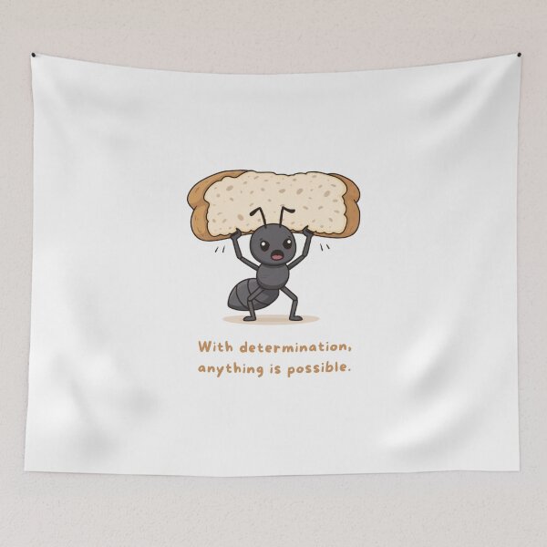 Item preview, Cute Ant With Bread – With Determination Anything Is Possible | Motivational Quote Illustration designed and sold by HubCreates.
