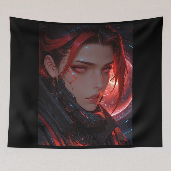 Item preview, Close-up of a cyberpunk warrior waifu in neon red and black designed and sold by Planet Utoppia.