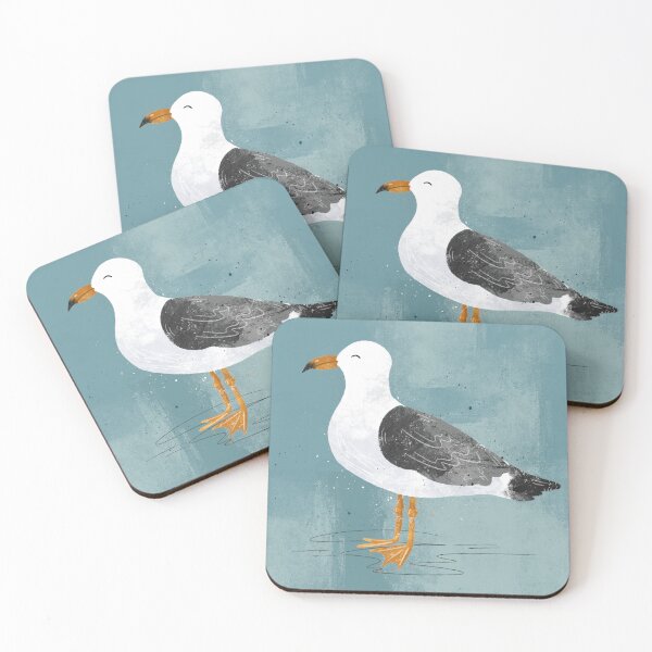 Aperçu de l'œuvre Mouette dessinée à la main sur fond d'eau et de ciel bleu texturé créée et vendue par SaltyCoveStudio.