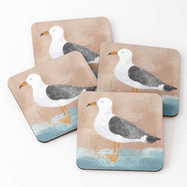Item preview, Hand drawn seagull with textured blue waves and beach sand background designed and sold by SaltyCoveStudio.