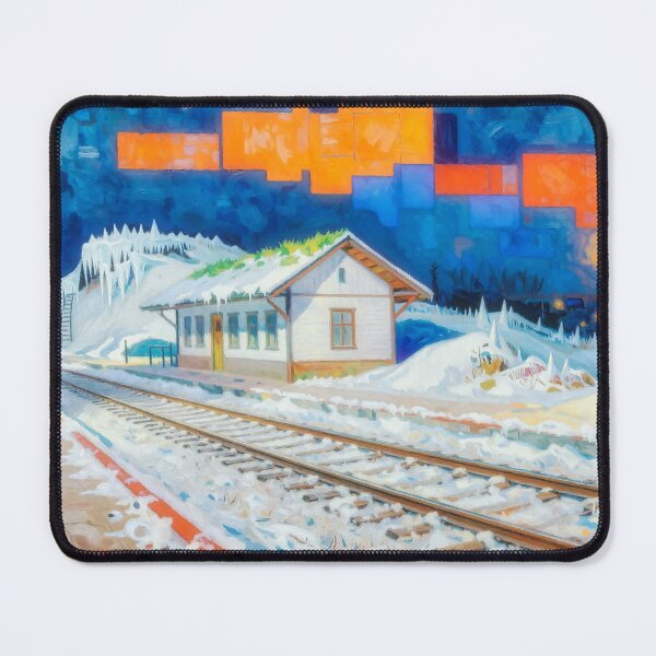 Item preview, Winter Train Station - Impressionist Painting in Blue and Orange Tones designed and sold by Gabi.Media.