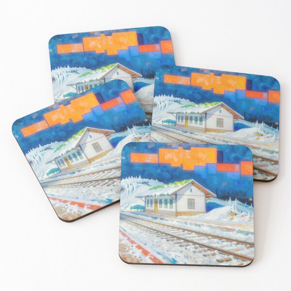 Item preview, Winter Train Station - Impressionist Painting in Blue and Orange Tones designed and sold by Gabi.Media.