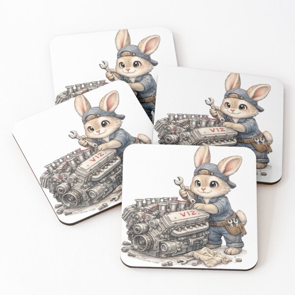 Item preview, Cute Bunny Mechanic Repairing a V12 Engine – Hand Drawn Colored Pencil Sticker Illustration designed and sold by Felixuss.