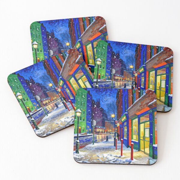 Item preview, Colorful Winter Street Scene at Night - Snowy Urban Landscape with Tram and Illuminated Shops designed and sold by Gabi.Media.
