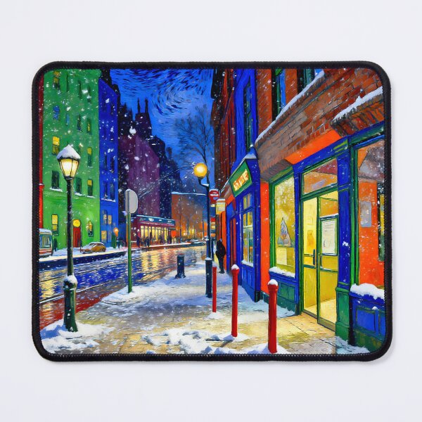 Item preview, Colorful Winter Street Scene at Night - Snowy Urban Landscape with Tram and Illuminated Shops designed and sold by Gabi.Media.