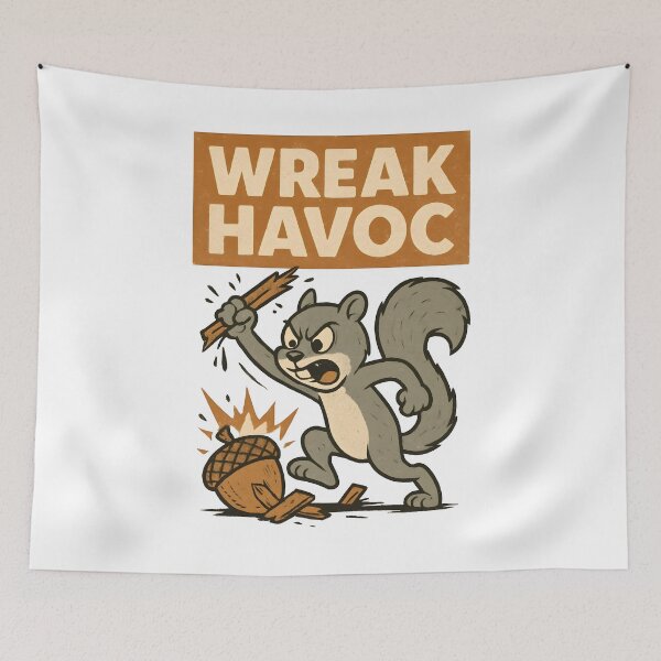 Item preview, "Wreak Havoc" Angry Squirrel Smashing Acorn Funny Retro Cartoon. designed and sold by The-T-In-Retro.