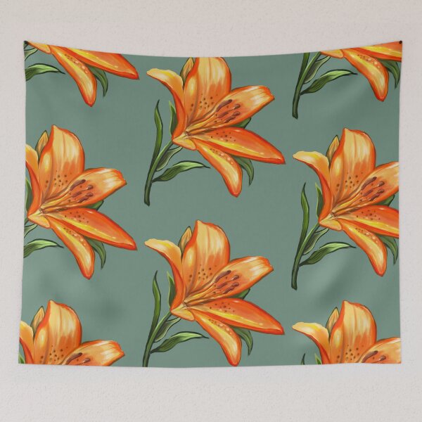 Item preview, Lily Lilly flower painting  - single yellow orange tiger  tiger lily with green leaves Spring Flowers  designed and sold by Artonmytee.