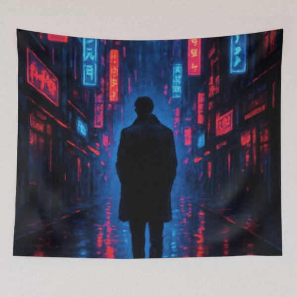 Item preview, Cyberpunk Solitude / Rainy Night Neon City Silhouette designed and sold by calisto4u.
