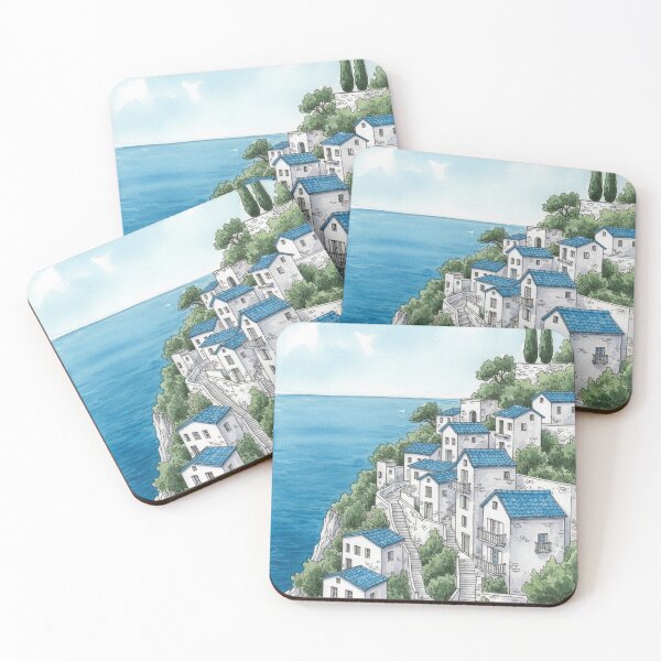 Item preview, Illustrated Mediterranean Coastal Village | White Houses Facing the Sea designed and sold by HeyHas.