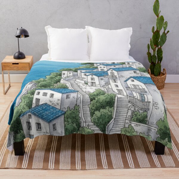 Item preview, Illustrated Mediterranean Coastal Village | White Houses Facing the Sea designed and sold by HeyHas.