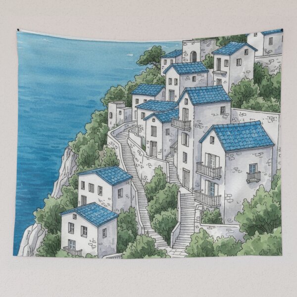 Item preview, Illustrated Mediterranean Coastal Village | White Houses Facing the Sea designed and sold by HeyHas.