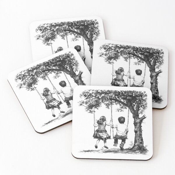 Item preview, Children on Tree Swing Vintage Childhood Illustration Black and White Art designed and sold by inkoutninja.