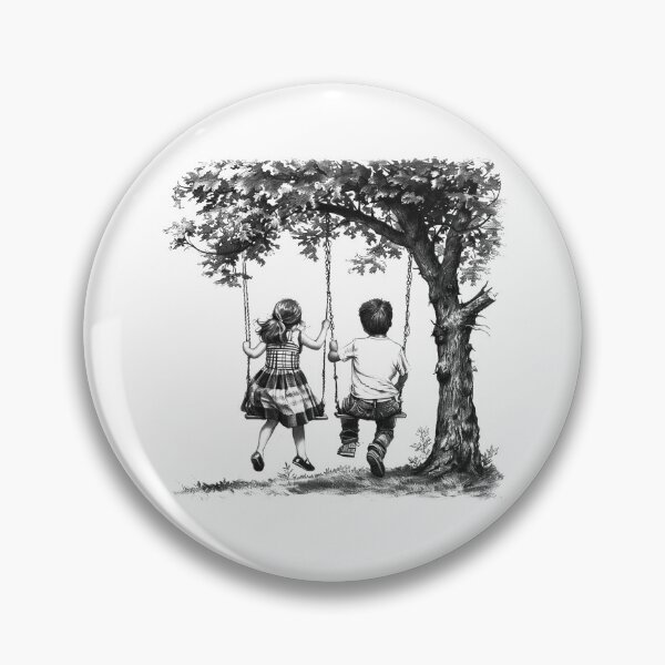 Item preview, Children on Tree Swing Vintage Childhood Illustration Black and White Art designed and sold by inkoutninja.