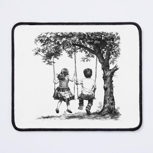 Item preview, Children on Tree Swing Vintage Childhood Illustration Black and White Art designed and sold by inkoutninja.