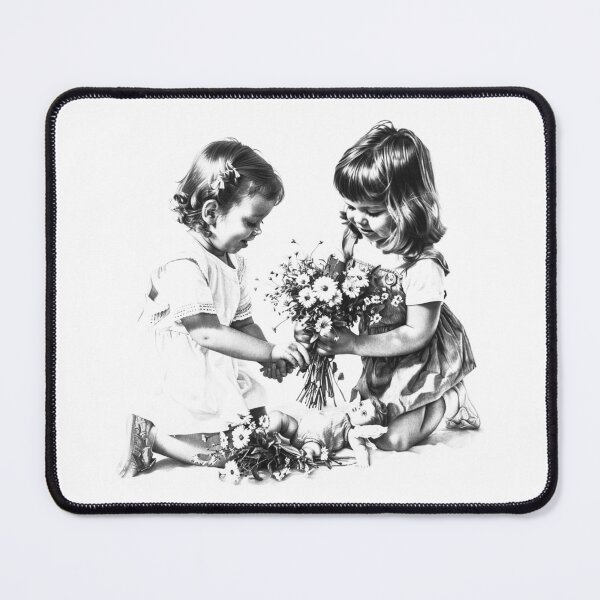 Item preview, Little Girls with Flowers Vintage Friendship Illustration Black and White Art designed and sold by inkoutninja.