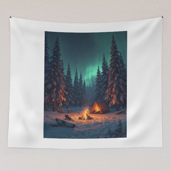 Item preview, Cozy Winter Camping Campfire Tent Snowy Forest Art designed and sold by Falconwolf.