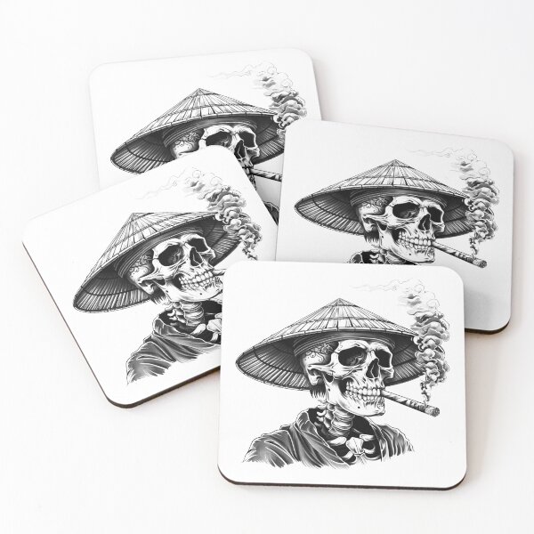 Item preview, Smoking Samurai Skeleton Portrait Gothic Black and White Dark Art designed and sold by inkoutninja.