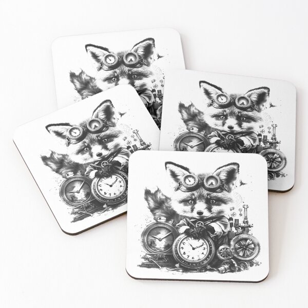 Item preview, Steampunk Fox with Clocks Victorian Timekeeper Black and White Art designed and sold by inkoutninja.
