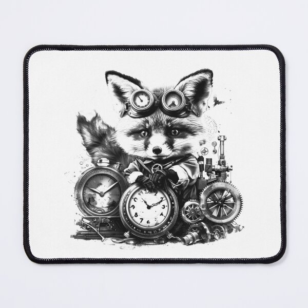 Item preview, Steampunk Fox with Clocks Victorian Timekeeper Black and White Art designed and sold by inkoutninja.