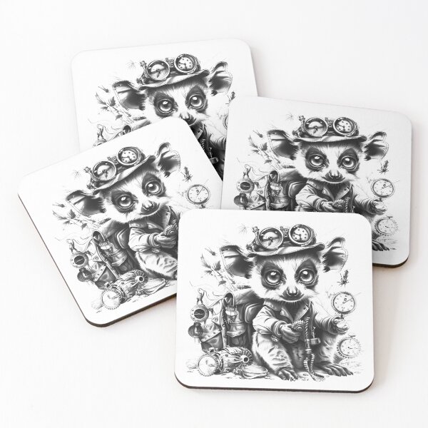 Item preview, Steampunk Lemur with Clocks Cute Victorian Animal Black and White Art designed and sold by inkoutninja.