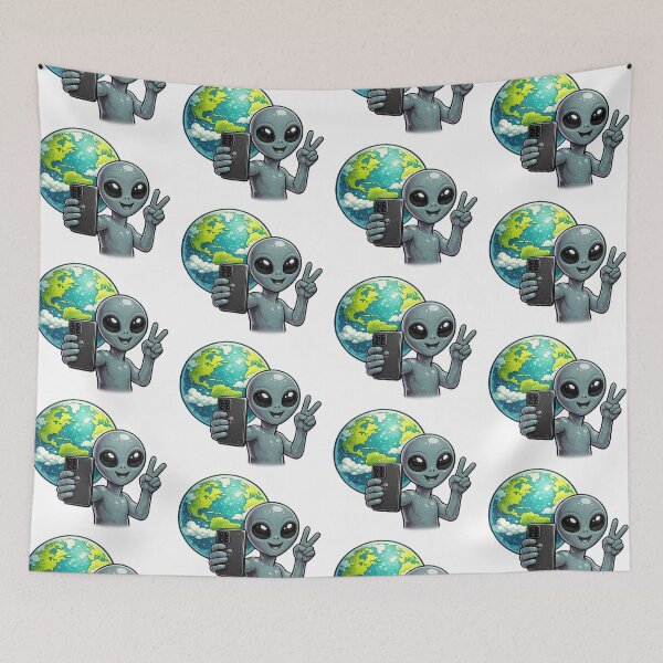 Item preview, Grey Alien Peace Sign Selfie with Earth designed and sold by BoostingBliss.