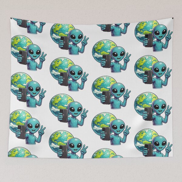 Item preview, Blue Alien Peace Sign Selfie with Earth designed and sold by BoostingBliss.