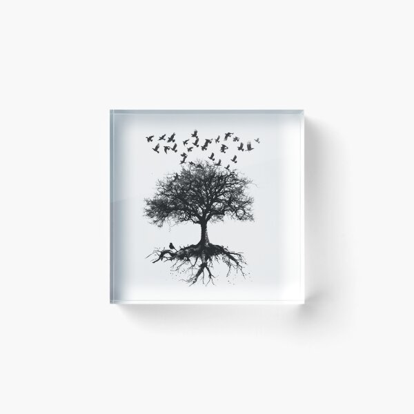 Item preview, Bare Tree with Flying Birds Gothic Nature Black and White Art designed and sold by inkoutninja.