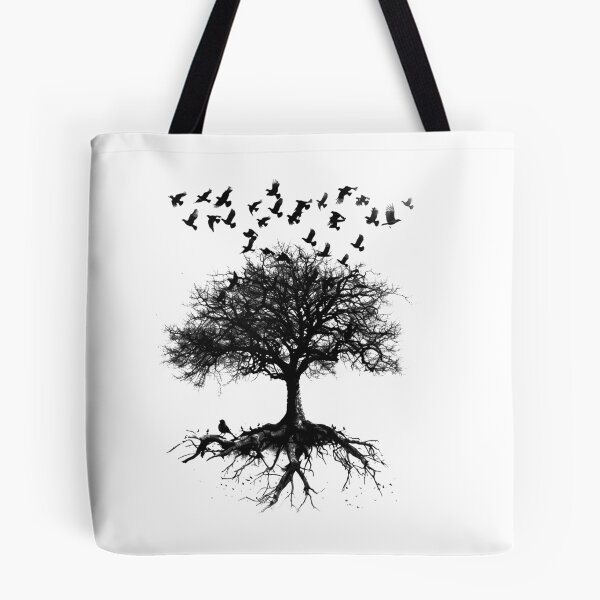 Item preview, Bare Tree with Flying Birds Gothic Nature Black and White Art designed and sold by inkoutninja.