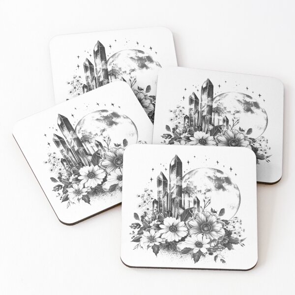 Item preview, Moon Crystal Flowers Celestial Gothic Black and White Art designed and sold by inkoutninja.