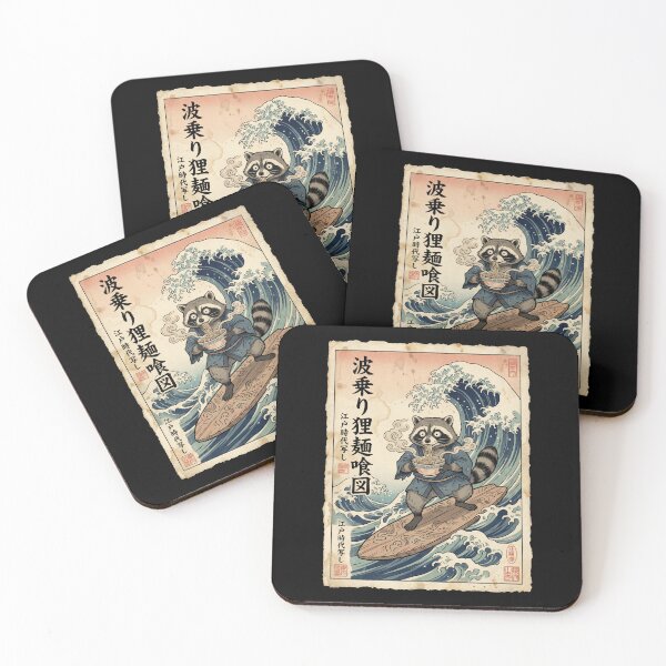 Item preview, Surfing Raccoon Ramen Great Wave Japanese Ukiyo-e Art Funny designed and sold by Bongocomic.