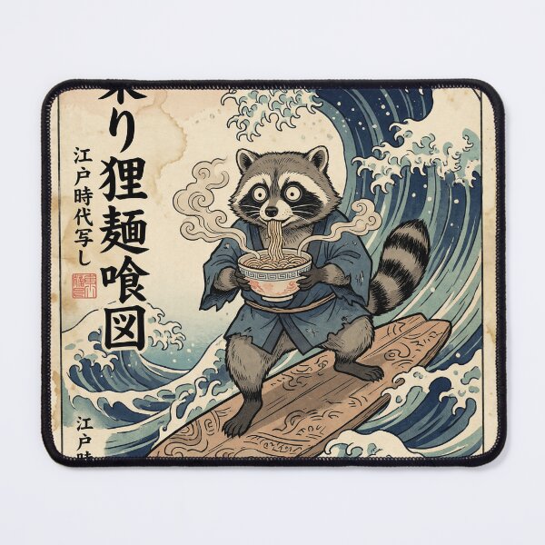 Item preview, Surfing Raccoon Ramen Great Wave Japanese Ukiyo-e Art Funny designed and sold by Bongocomic.